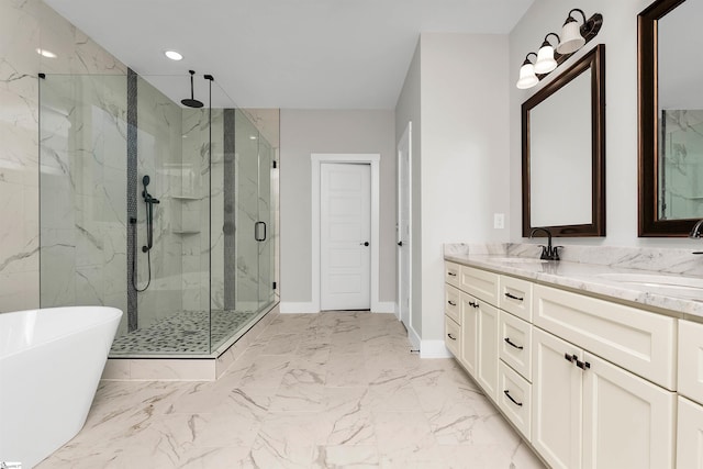 bathroom featuring double sink vanity, tile floors, and plus walk in shower