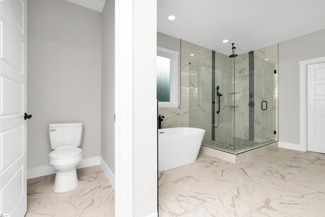 bathroom featuring tile flooring, shower with separate bathtub, and toilet