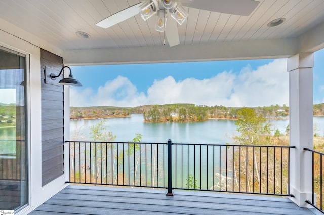 balcony with ceiling fan and a water view