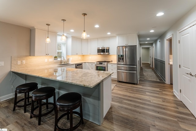 kitchen featuring kitchen peninsula, sink, appliances with stainless steel finishes, hardwood / wood-style floors, and pendant lighting