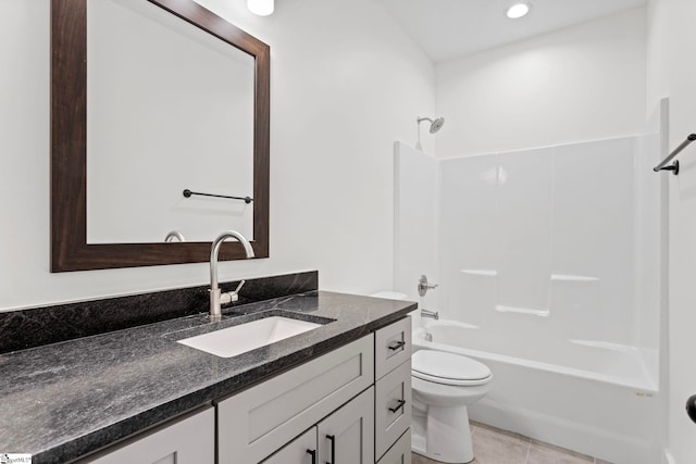 full bathroom featuring shower / tub combination, toilet, tile patterned floors, and vanity