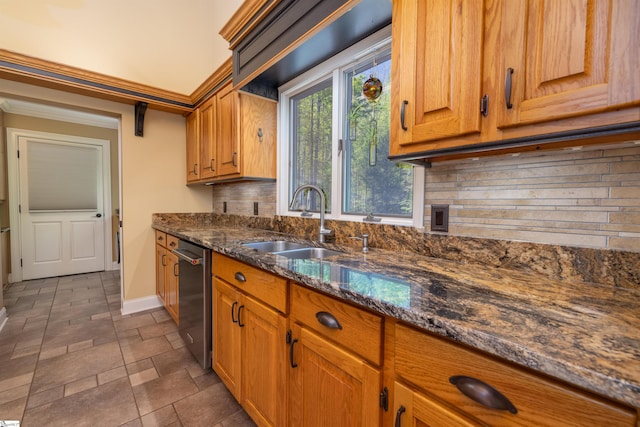 kitchen featuring dark stone counters, backsplash, sink, and stainless steel dishwasher