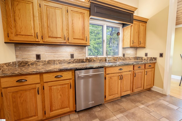 kitchen with dark stone counters, stainless steel dishwasher, sink, and tasteful backsplash