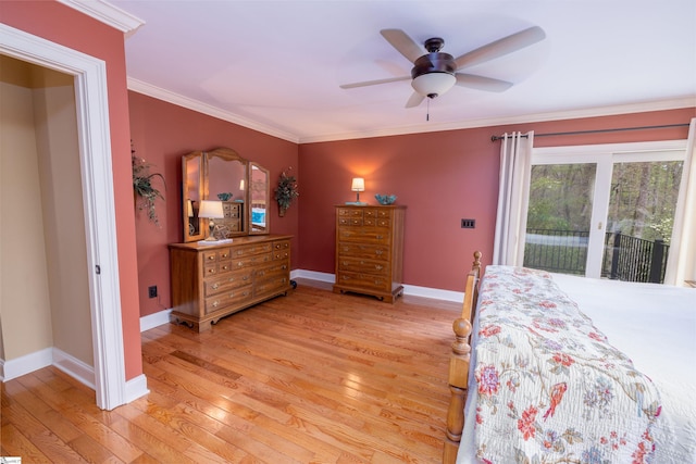 bedroom with ornamental molding, light hardwood / wood-style floors, ceiling fan, and access to outside