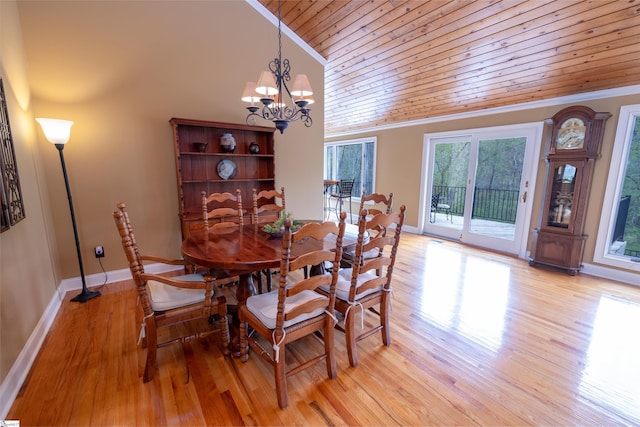 dining space with light hardwood / wood-style floors, wood ceiling, vaulted ceiling, and a chandelier