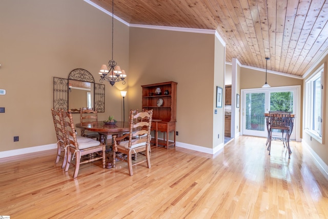 dining space featuring light wood-type flooring, crown molding, a chandelier, and wooden ceiling