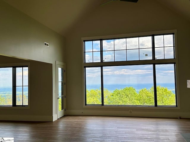 spare room featuring hardwood / wood-style floors and a towering ceiling