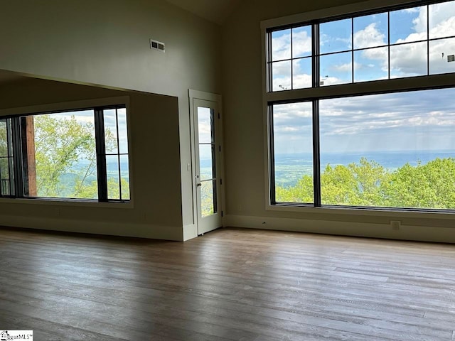 unfurnished room featuring plenty of natural light, a high ceiling, and light hardwood / wood-style flooring