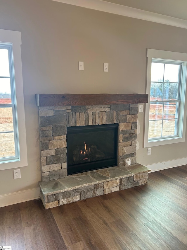 details with crown molding, a fireplace, and hardwood / wood-style floors