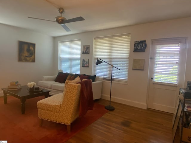 living room with ceiling fan and hardwood / wood-style floors