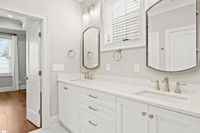 bathroom featuring hardwood / wood-style flooring, vanity, and crown molding