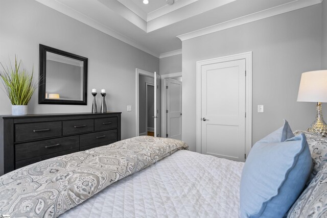 bedroom featuring crown molding and a raised ceiling