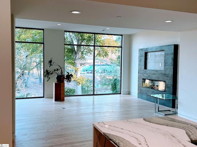 bedroom with light hardwood / wood-style flooring, a fireplace, and expansive windows