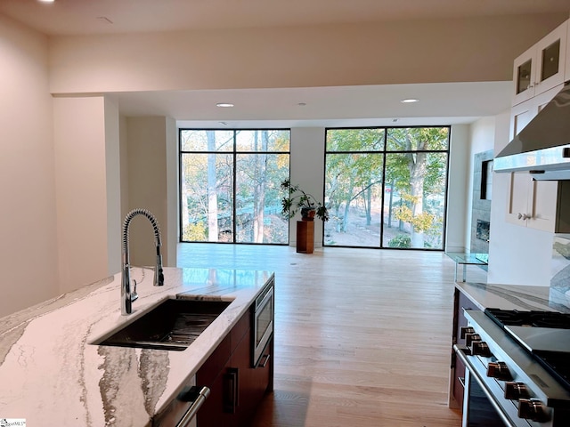 kitchen with white cabinets, sink, light hardwood / wood-style flooring, a wealth of natural light, and light stone countertops