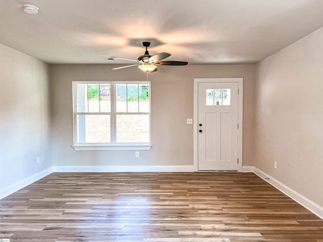 foyer entrance featuring hardwood / wood-style flooring, a healthy amount of sunlight, and ceiling fan