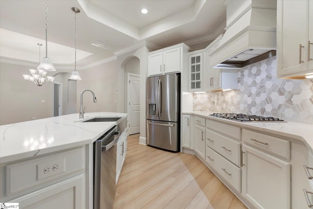 kitchen with appliances with stainless steel finishes, tasteful backsplash, light wood-type flooring, a tray ceiling, and premium range hood