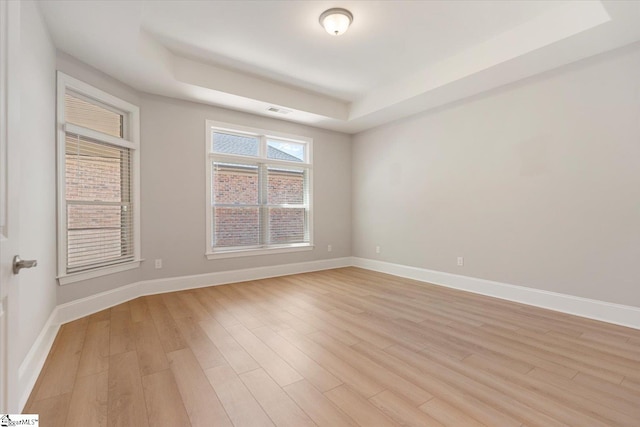 unfurnished room featuring a raised ceiling and light hardwood / wood-style floors