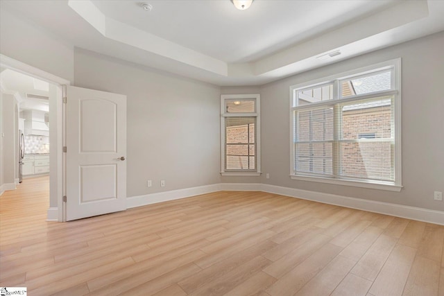 unfurnished room with plenty of natural light, light hardwood / wood-style flooring, and a tray ceiling