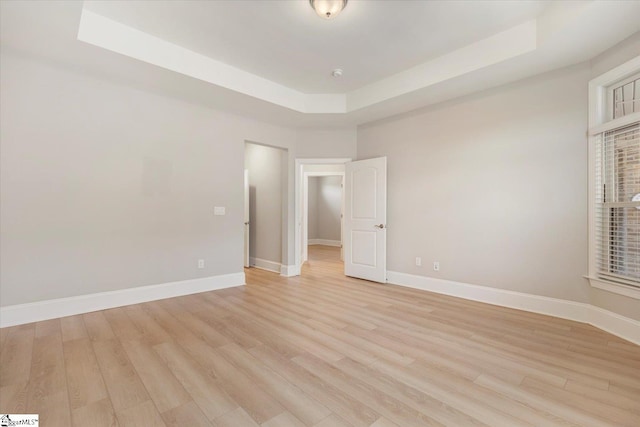 empty room featuring a raised ceiling and light wood-type flooring