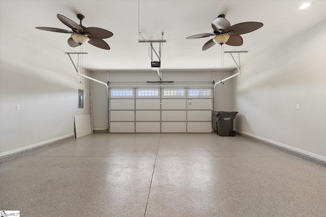 garage with ceiling fan and a garage door opener