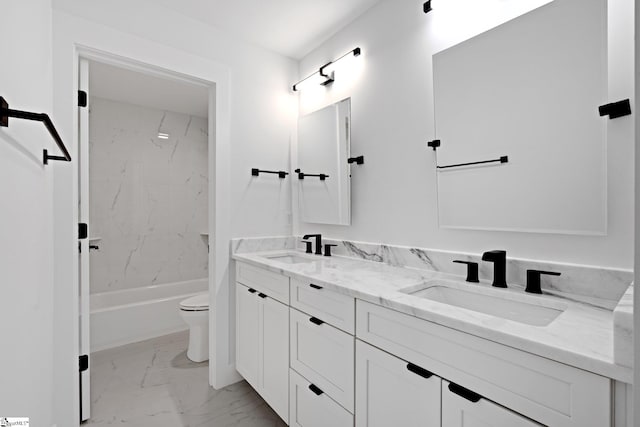 full bathroom with tiled shower / bath combo, oversized vanity, double sink, tile floors, and toilet