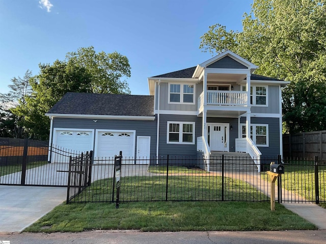 view of front facade featuring a garage, a balcony, and a front lawn