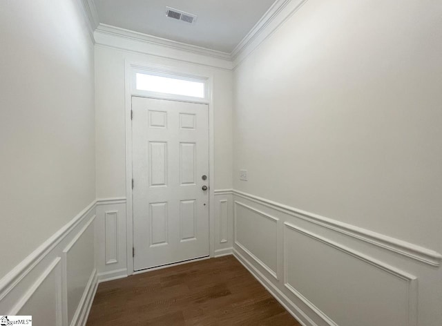 doorway to outside with crown molding and dark hardwood / wood-style flooring