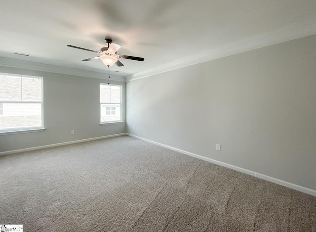 spare room with a healthy amount of sunlight, baseboards, carpet floors, and ornamental molding