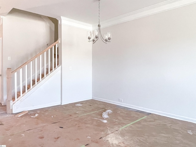 unfurnished dining area featuring an inviting chandelier and ornamental molding