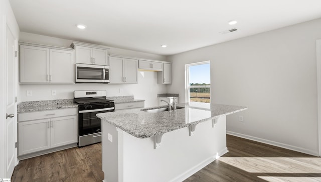 kitchen with light stone countertops, stainless steel appliances, a center island with sink, and sink