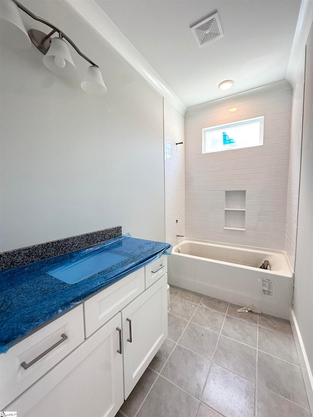 full bathroom with vanity, visible vents, tile patterned flooring, crown molding, and shower / tub combination