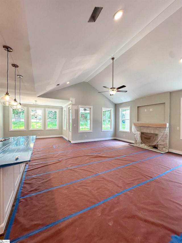 unfurnished living room with recessed lighting, baseboards, a ceiling fan, and vaulted ceiling