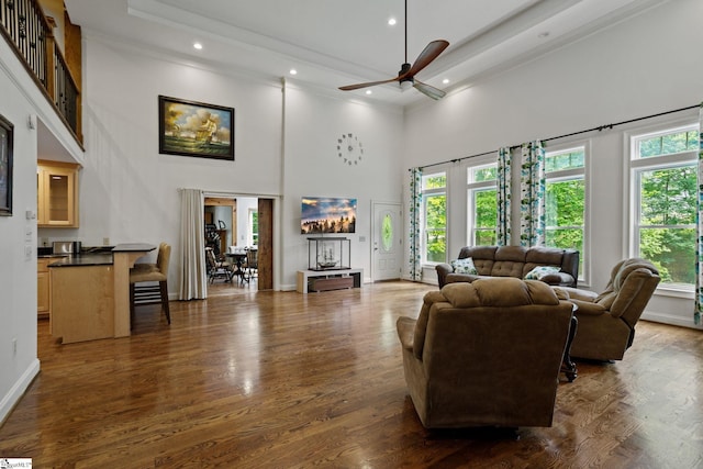 living room with a high ceiling, ceiling fan, and dark hardwood / wood-style flooring