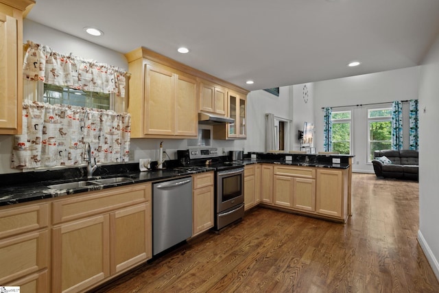 kitchen with light brown cabinets, kitchen peninsula, stainless steel appliances, wood-type flooring, and sink