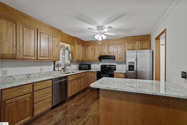 kitchen featuring ceiling fan, crown molding, black appliances, light stone countertops, and dark wood-type flooring