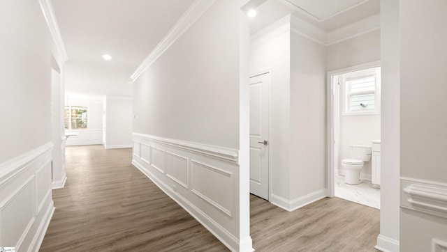 hallway featuring hardwood / wood-style flooring and crown molding