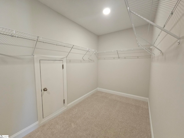 walk in closet featuring light colored carpet