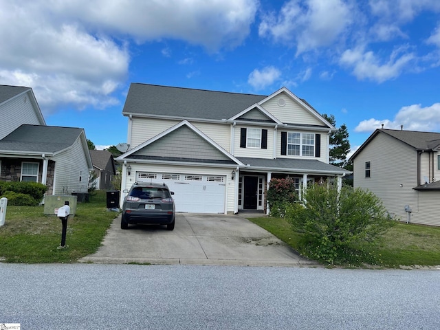 view of front facade with a front yard and a garage