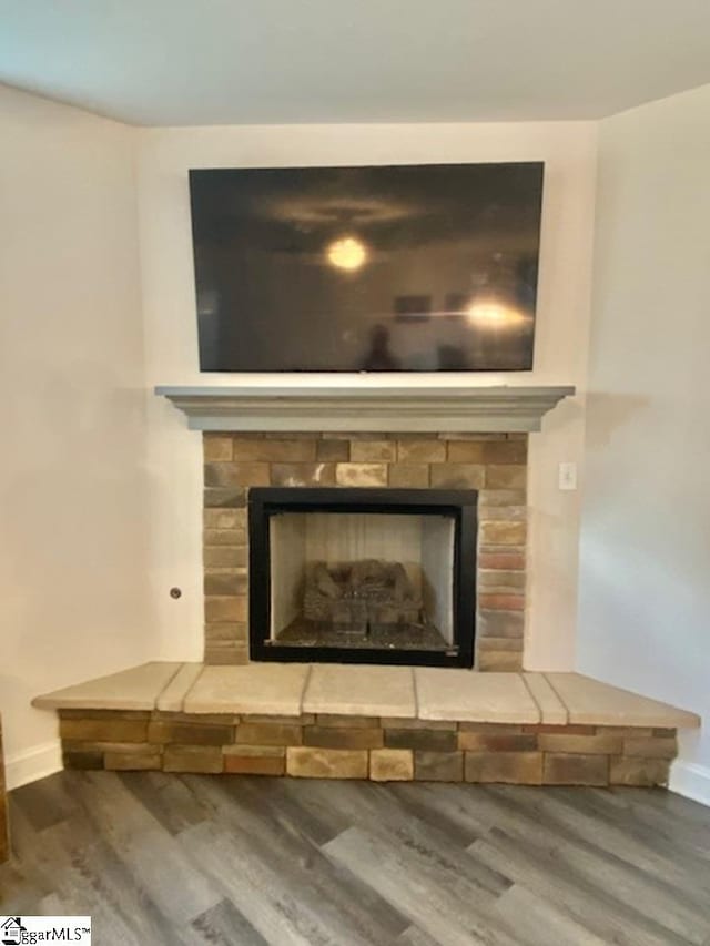 room details featuring a fireplace and wood-type flooring