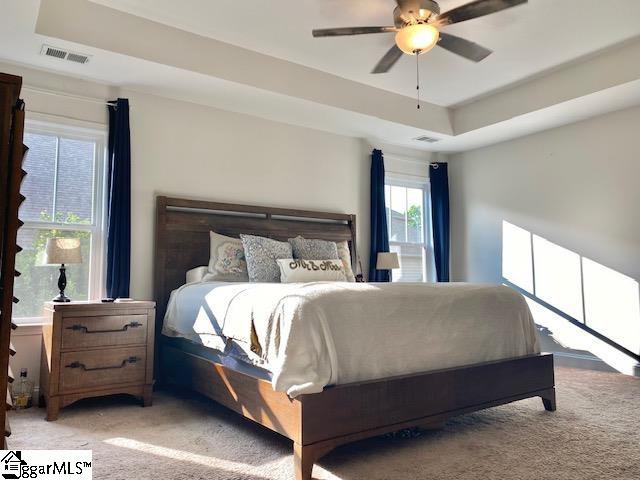 bedroom featuring ceiling fan, a raised ceiling, and carpet