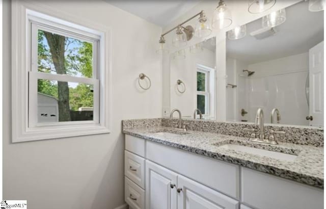 bathroom featuring vanity with extensive cabinet space and double sink