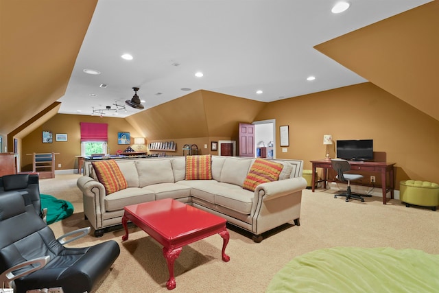 carpeted living room featuring lofted ceiling