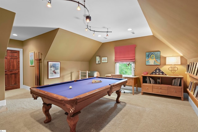 game room with rail lighting, carpet floors, vaulted ceiling, and billiards