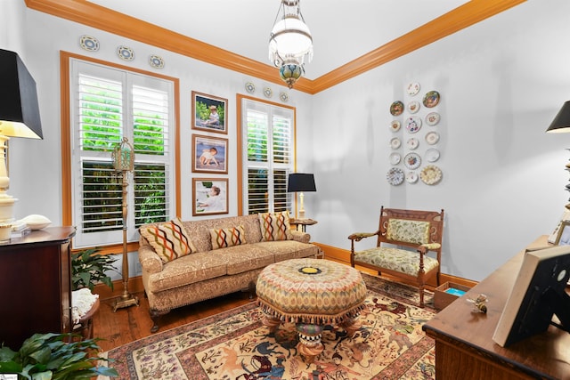 living room with ornamental molding and dark wood-type flooring