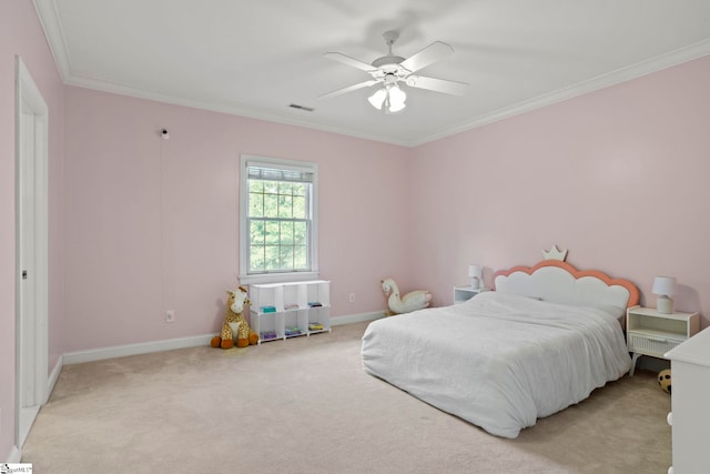 bedroom featuring ornamental molding, light carpet, visible vents, and baseboards