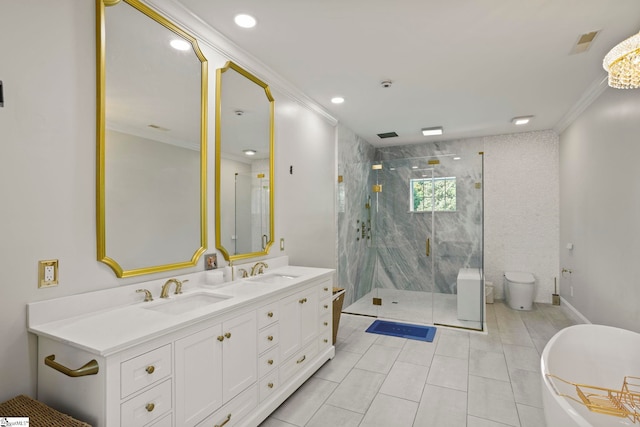 full bath with ornamental molding, visible vents, a sink, and a marble finish shower