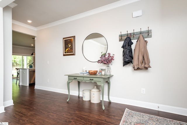 interior space featuring dark hardwood / wood-style flooring and crown molding