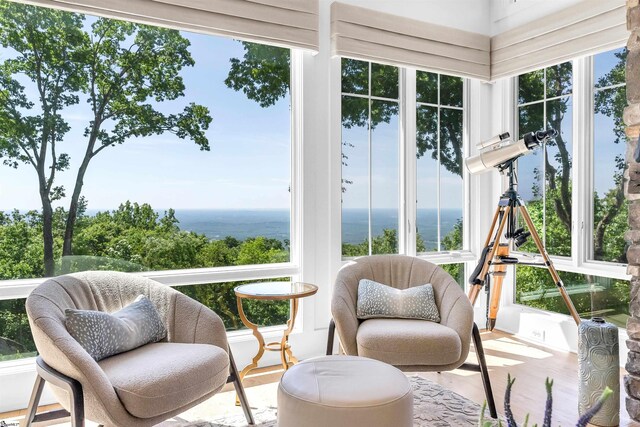 sunroom with a water view