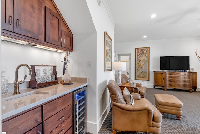 7 Drift Away Ln, Landrum, SC 29356 - interior space featuring carpet floors, bar, beverage cooler, ornamental molding, and recessed lighting