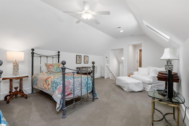 7 Drift Away Ln, Landrum, SC 29356 - bedroom featuring carpet flooring, visible vents, baseboards, vaulted ceiling with skylight, and a ceiling fan